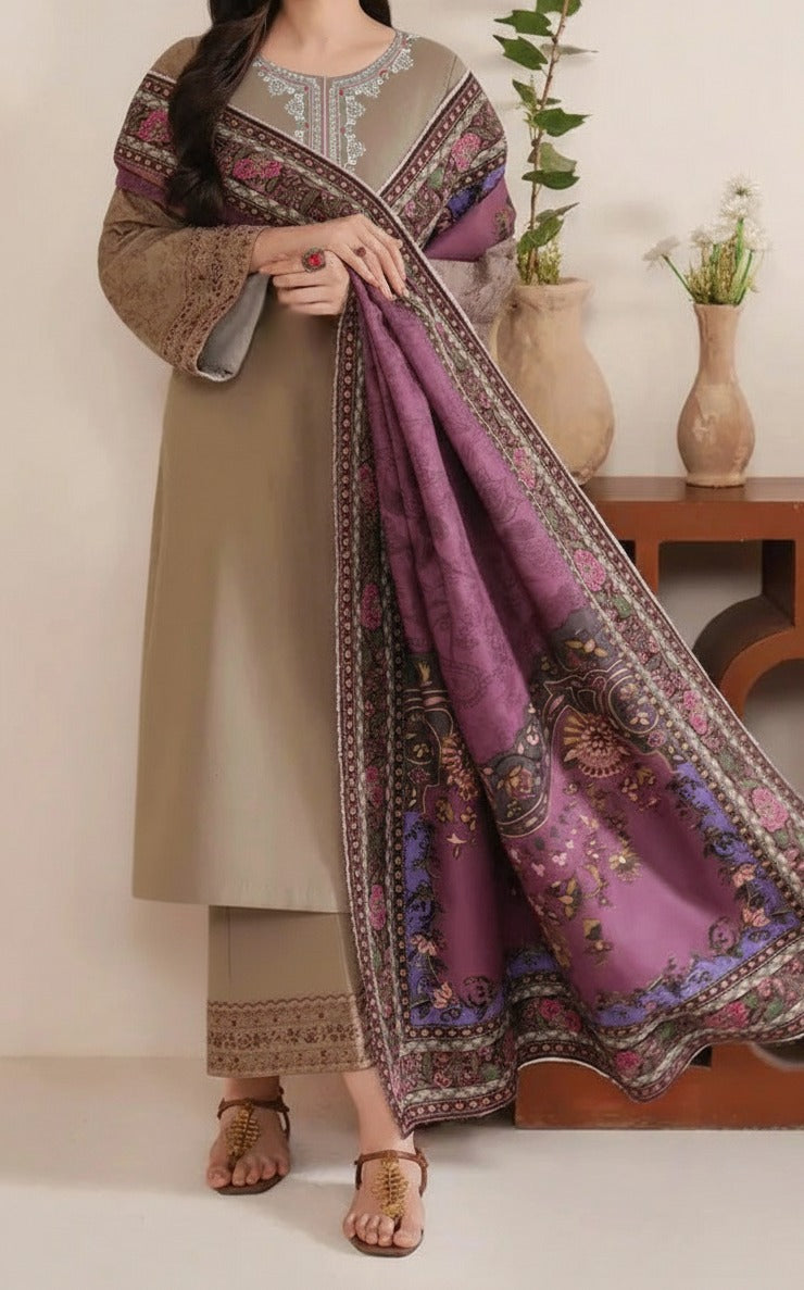 Grace W755 - Embroidered 3pc Marina Dress With Printed Shawl.