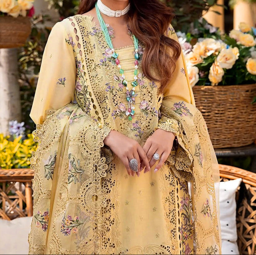 Grace W1076 - Embroidered 3pc Lawn Dress With Embroidered Khadi Net Dupatta.