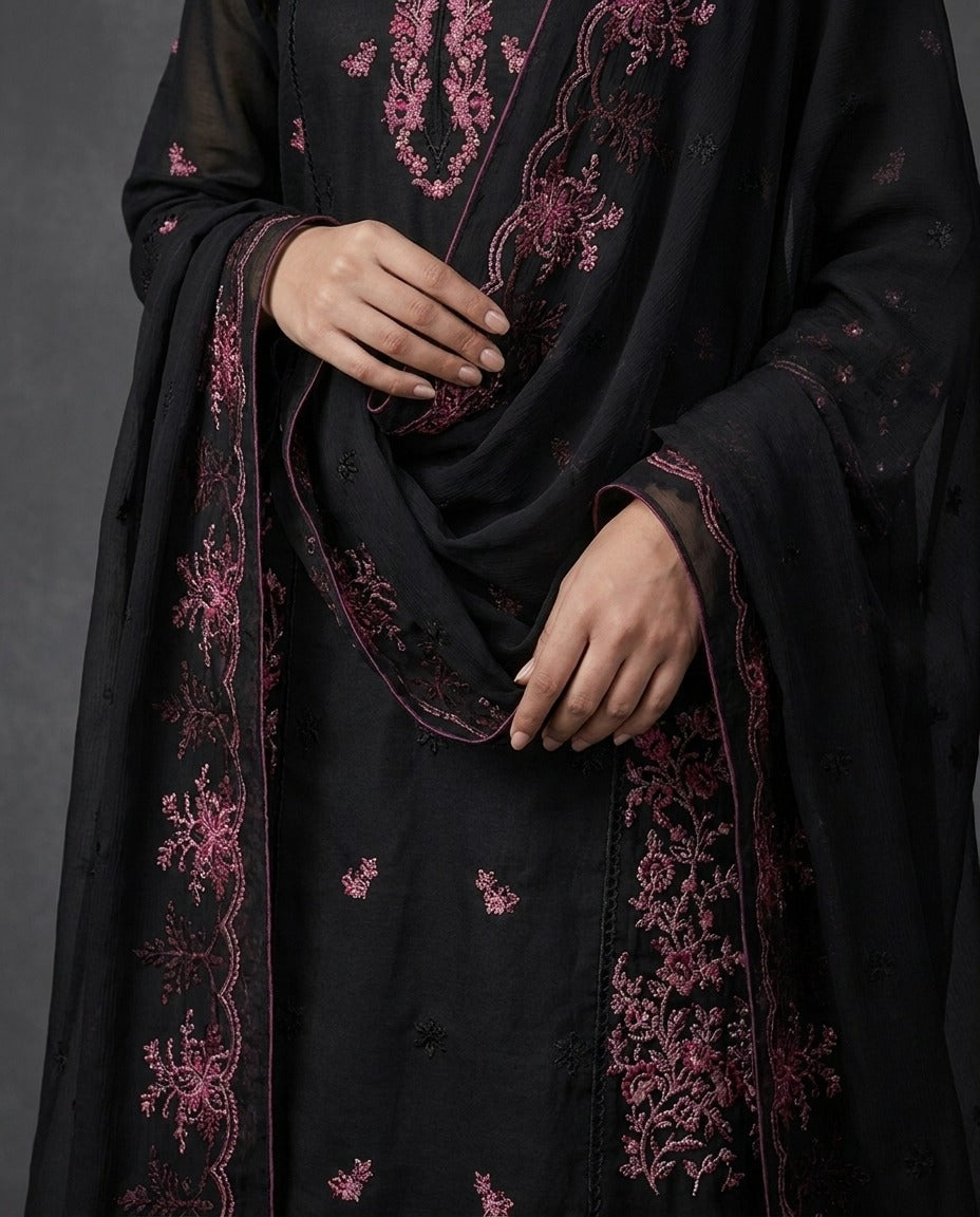 Grace S1427 - Embroidered 3pc CHIKANKARI Lawn Dress With Embroidered CHIKANKARI Chiffon Dupatta.