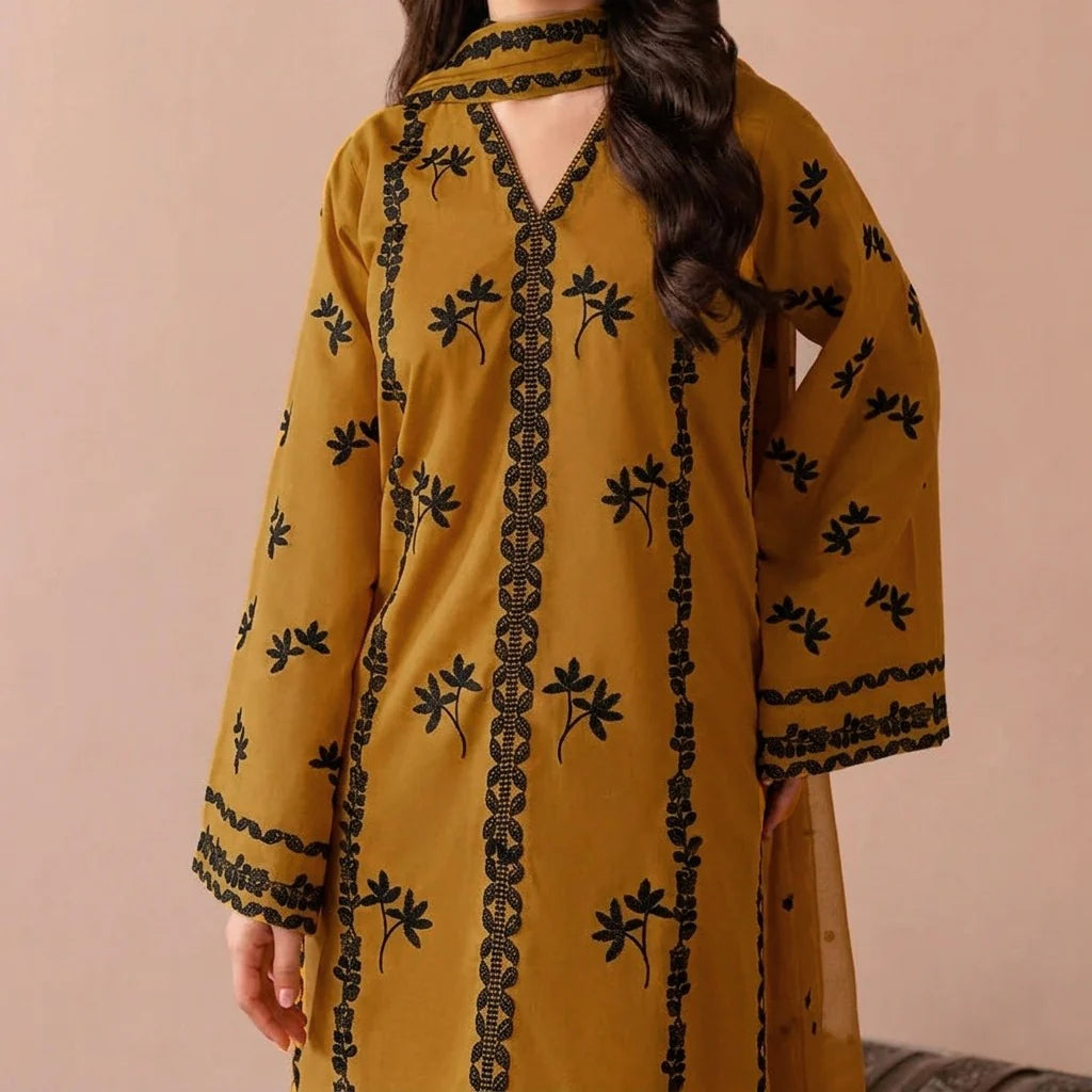 Grace Z-(S1461) - Stitched Embroidered 3pc Lawn Dress With Embroidered Chiffon Dupatta.