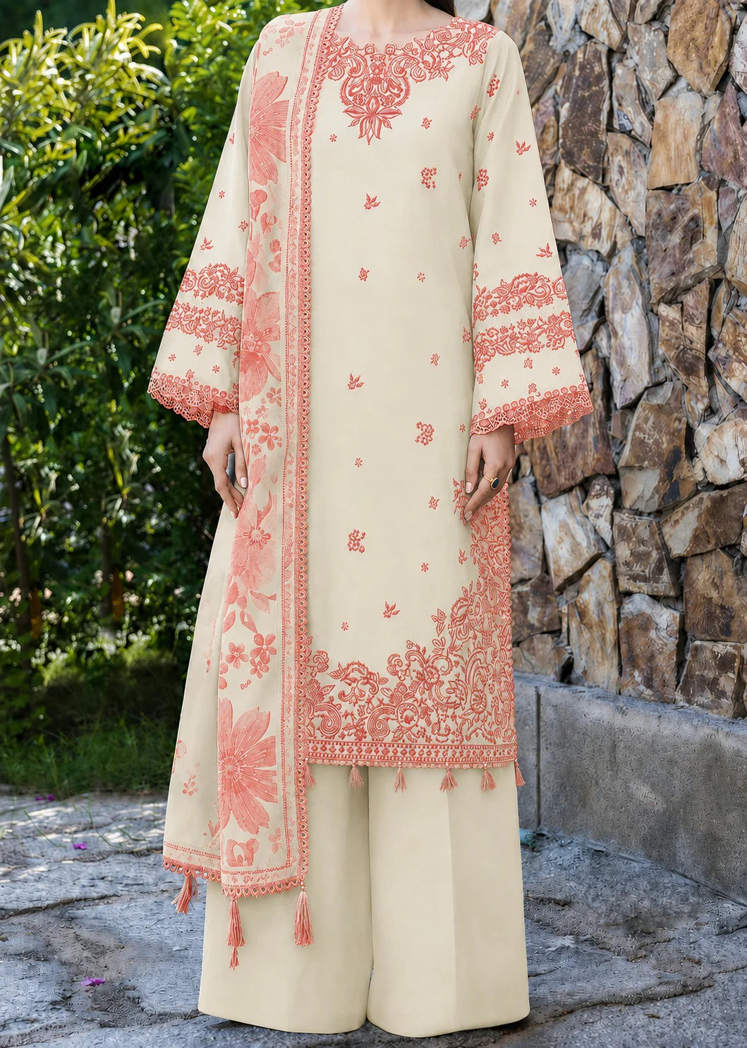 Grace Z-(S1495) - Stitched Embroidered 3pc Lawn Dress With Printed Lawn Dupatta.