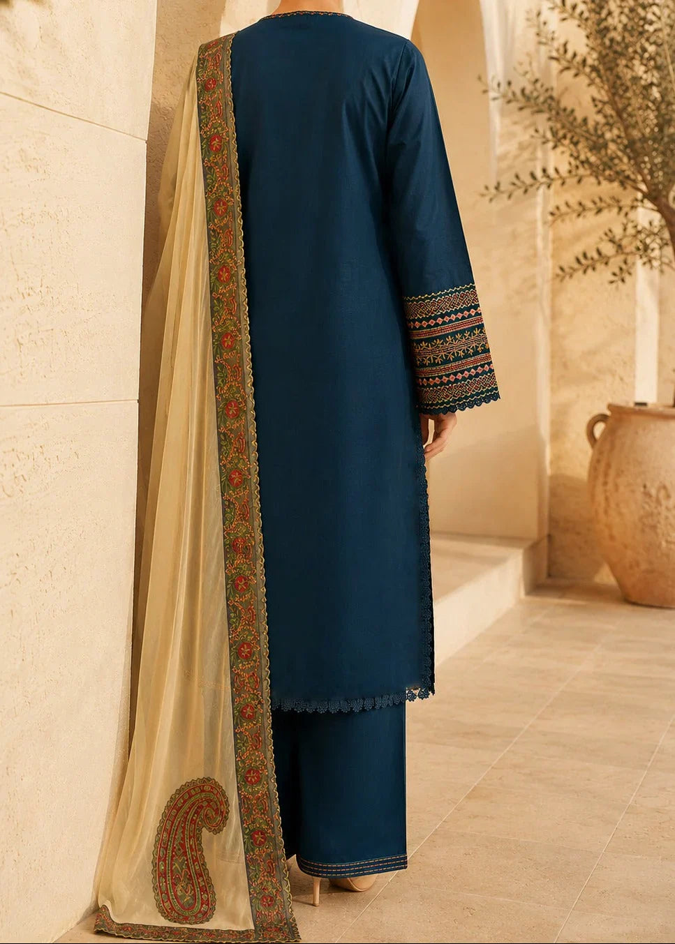Grace Z-(W1092) - Stitched Embroidered 3pc Marina Dress With Embroidered Chiffon Dupatta.