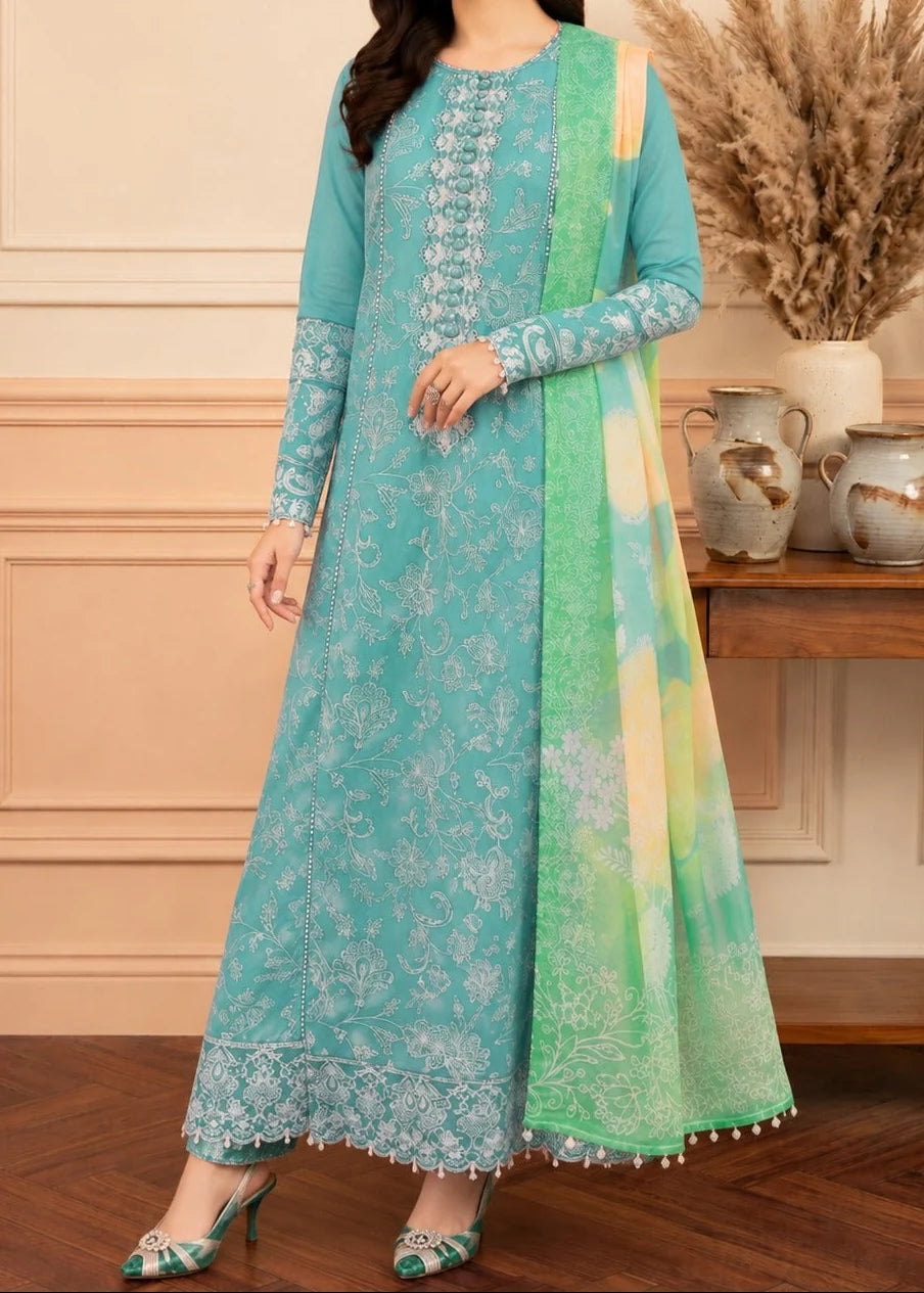 Grace Z-(S1501) - Stitched Embroidered 3pc Lawn Dress With Printed Munar Dupatta.