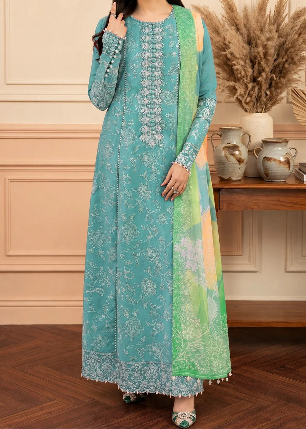 Grace Z-(S1501) - Stitched Embroidered 3pc Lawn Dress With Printed Munar Dupatta.
