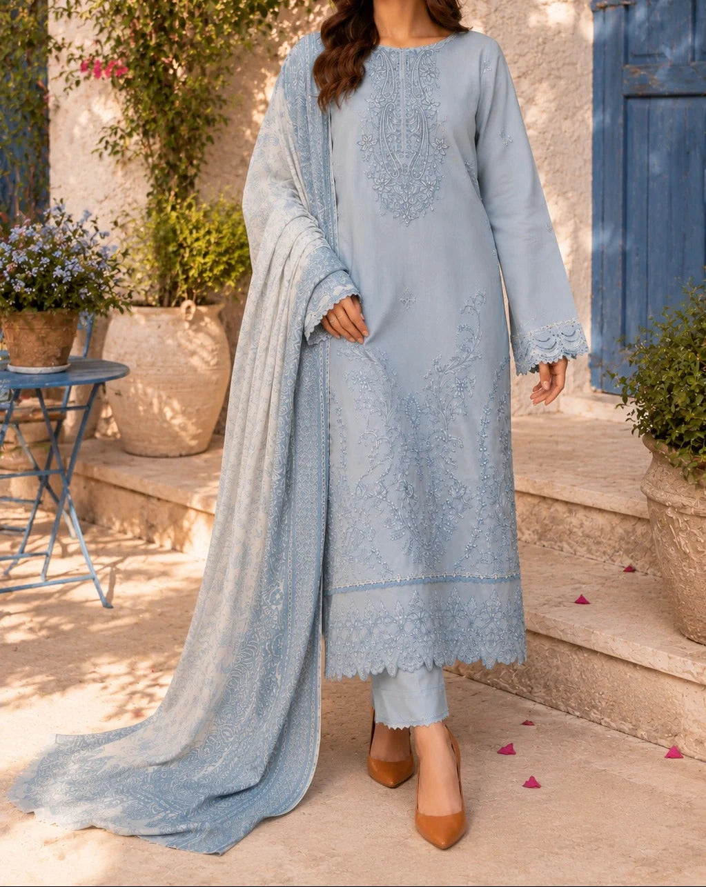 Grace W1049 - Embroidered 3pc Marina Dress With Printed Shawl.