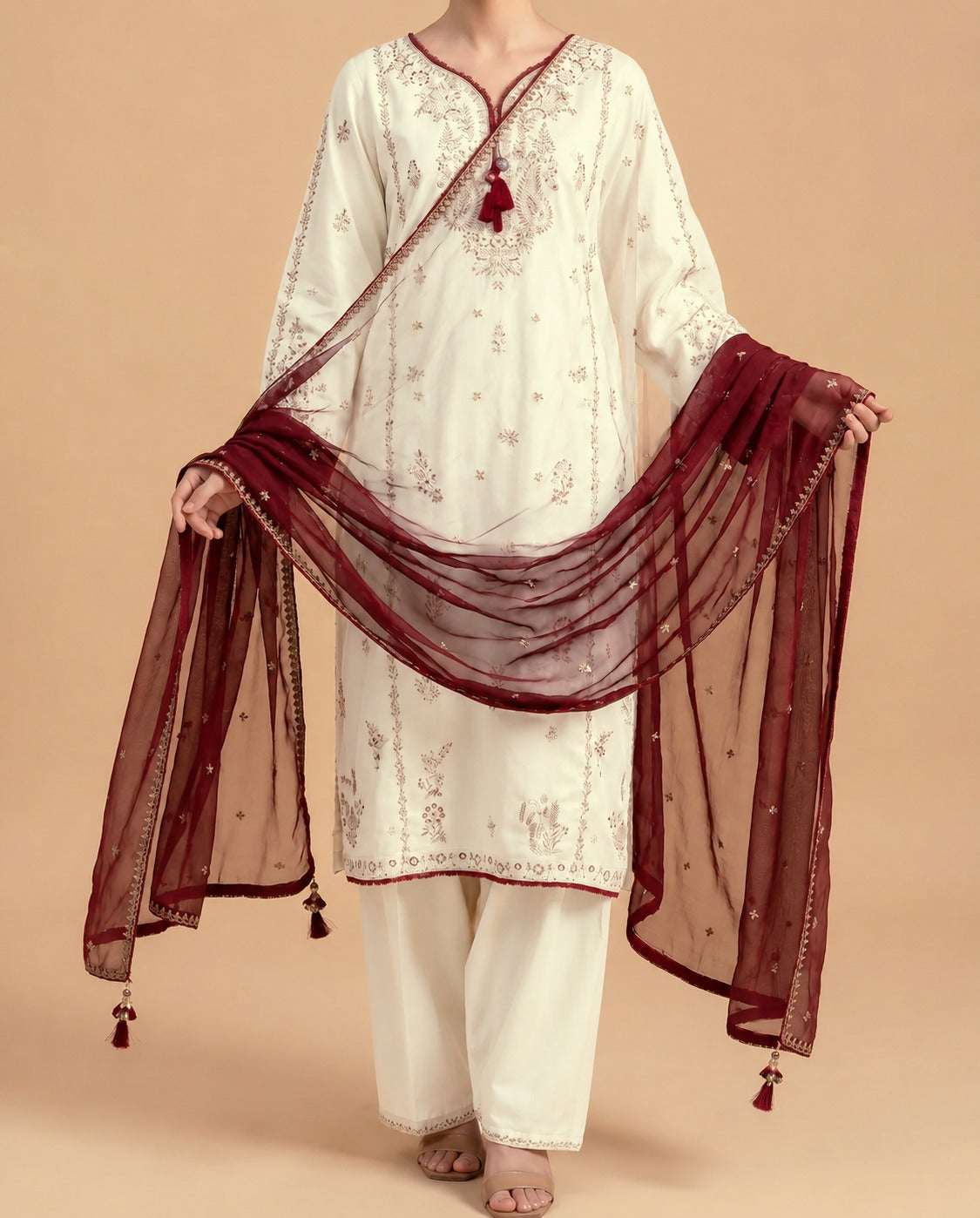 Grace W1035-Embroidered 3pc Marina Dress With Embroidered Chiffon Dupatta