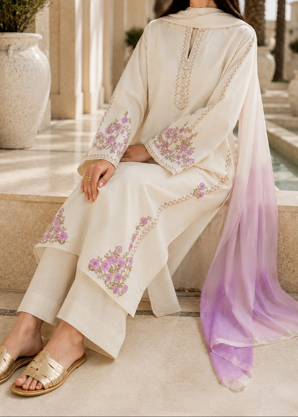 Grace S1512-Embroidered 3pc Lawn Dress With Tie & Dye Chiffon Dupatta.