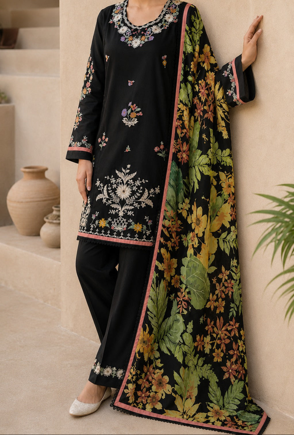 Grace S1535-Embroidered 3pc Lawn Dress With Printed Chiffon Dupatta.