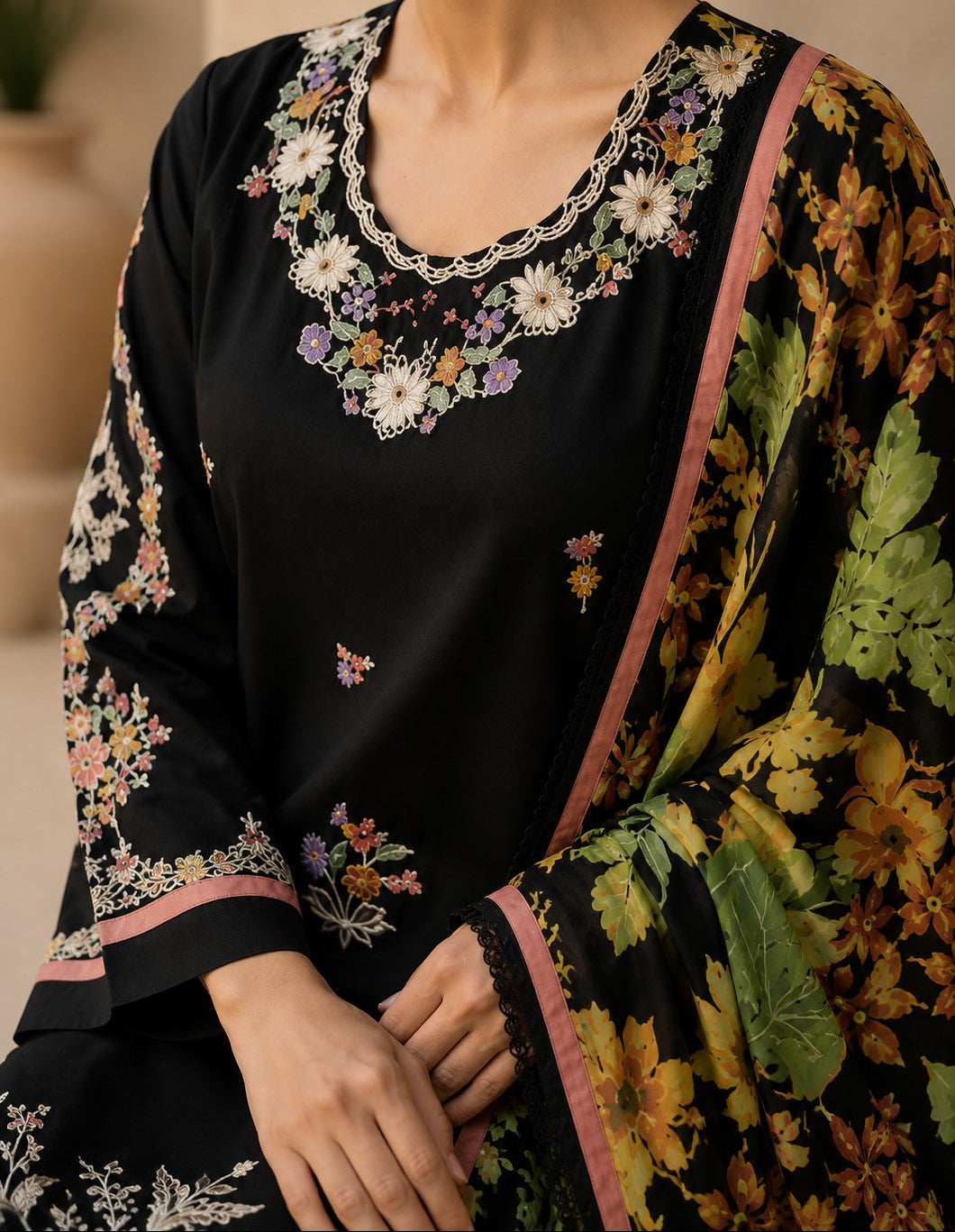 Grace S1535-Embroidered 3pc Lawn Dress With Printed Chiffon Dupatta.