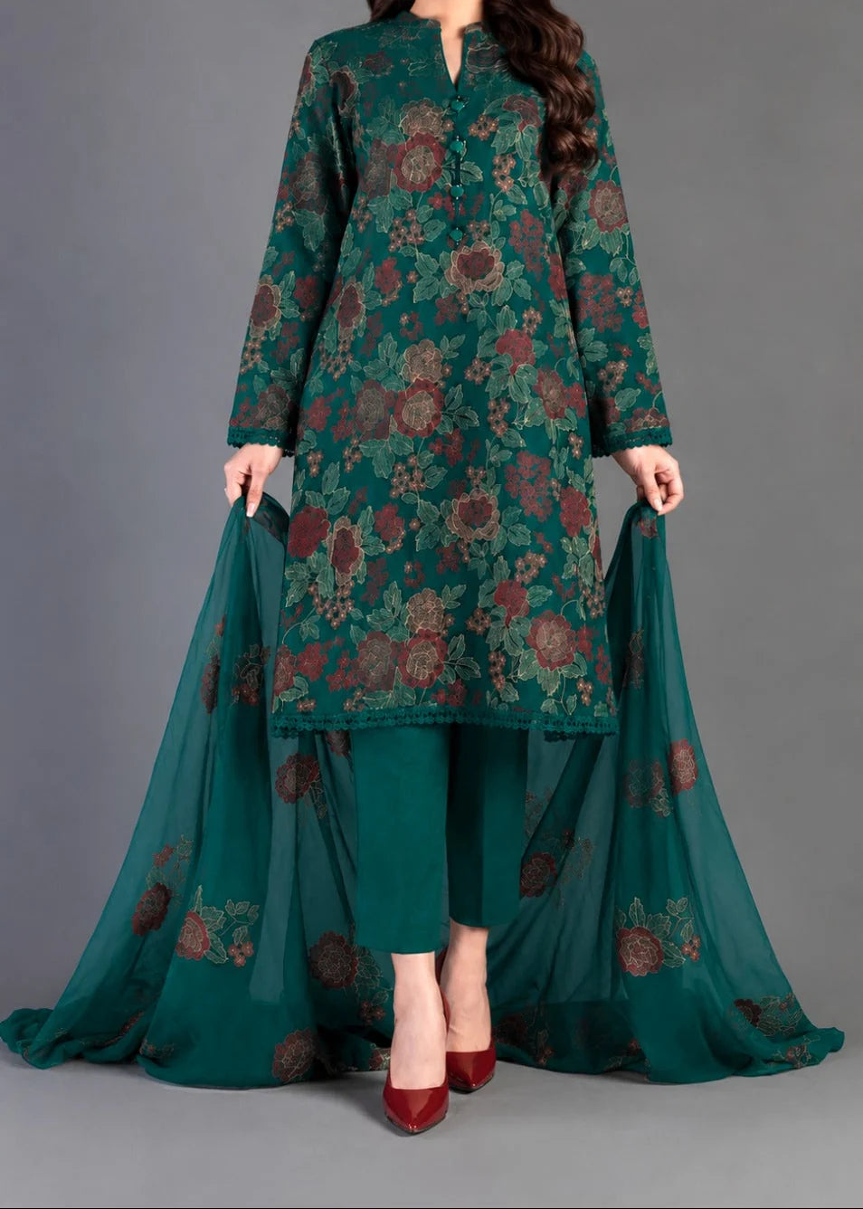 Grace Z-(W1054) - Stitched Embroidered 3pc Marina Dress With Embroidered Chiffon Dupatta.