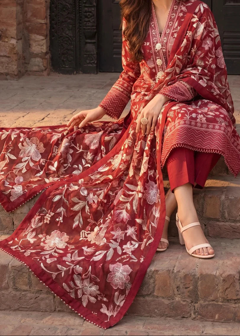 Grace Z-(W1045) - Stitched Embroidered 3pc Marina Dress With Embroidered Chiffon Dupatta.