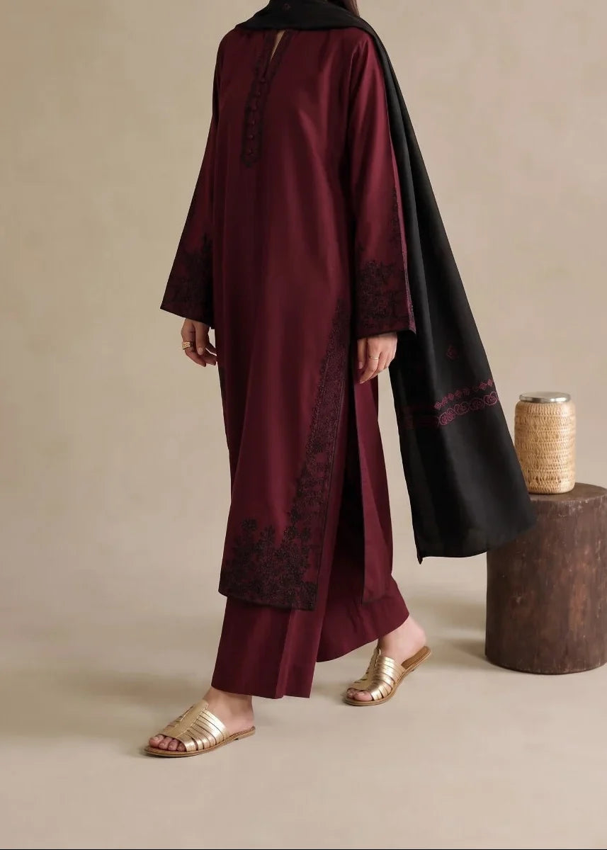 Grace Z-(W1052) - Stitched Embroidered 3pc Marina Dress With Printed Shawl.