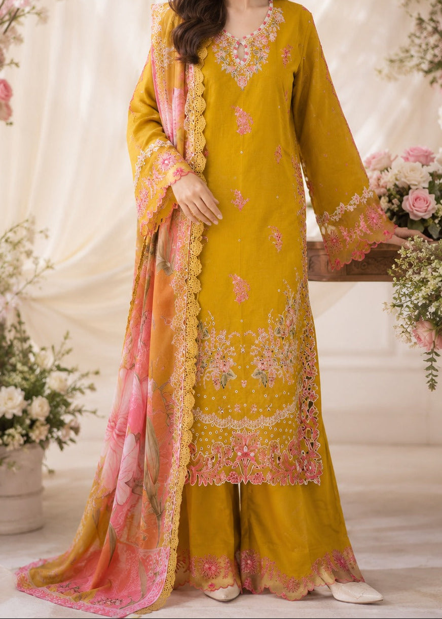 Grace W1079 - Embroidered 3pc Marina  Dress With Printed Chiffon Dupatta.