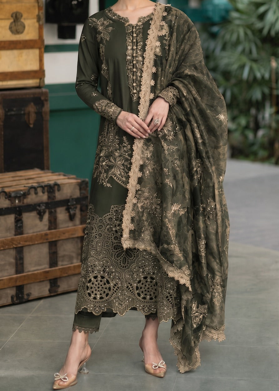 Grace W1048 - Embroidered 3pc CHIKANKARI Marina Dress With Printed Shawl.