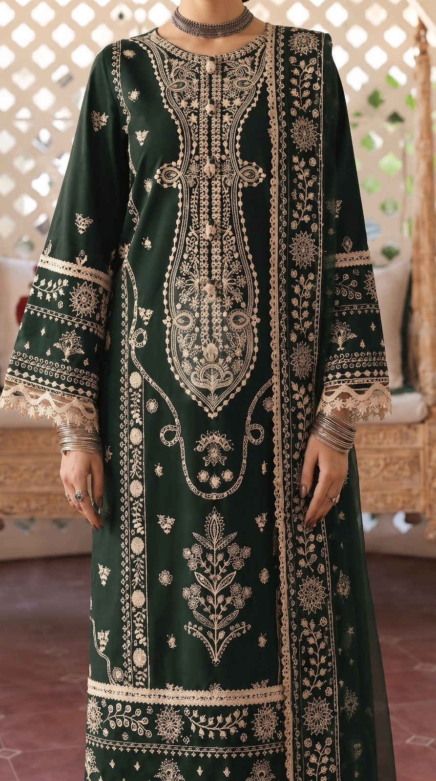 Grace W1046 - Embroidered 3pc Marina Dress With Printed Shawl.
