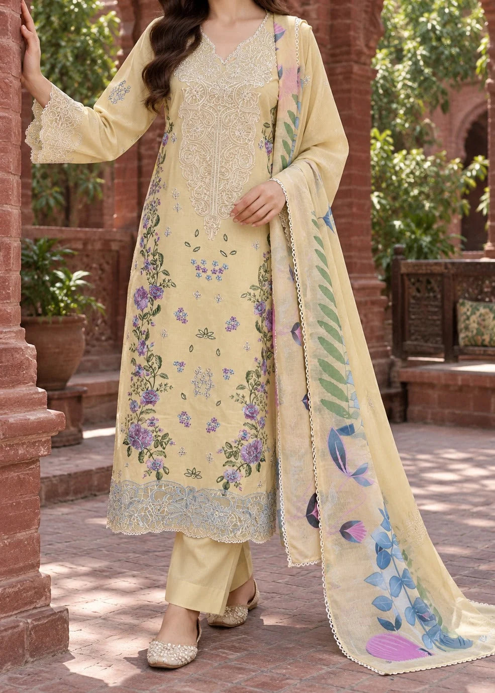 Grace Z-(S1624) - Stitched Embroidered 3pc Lawn Dress With Printed Polly Lawn Dupatta.