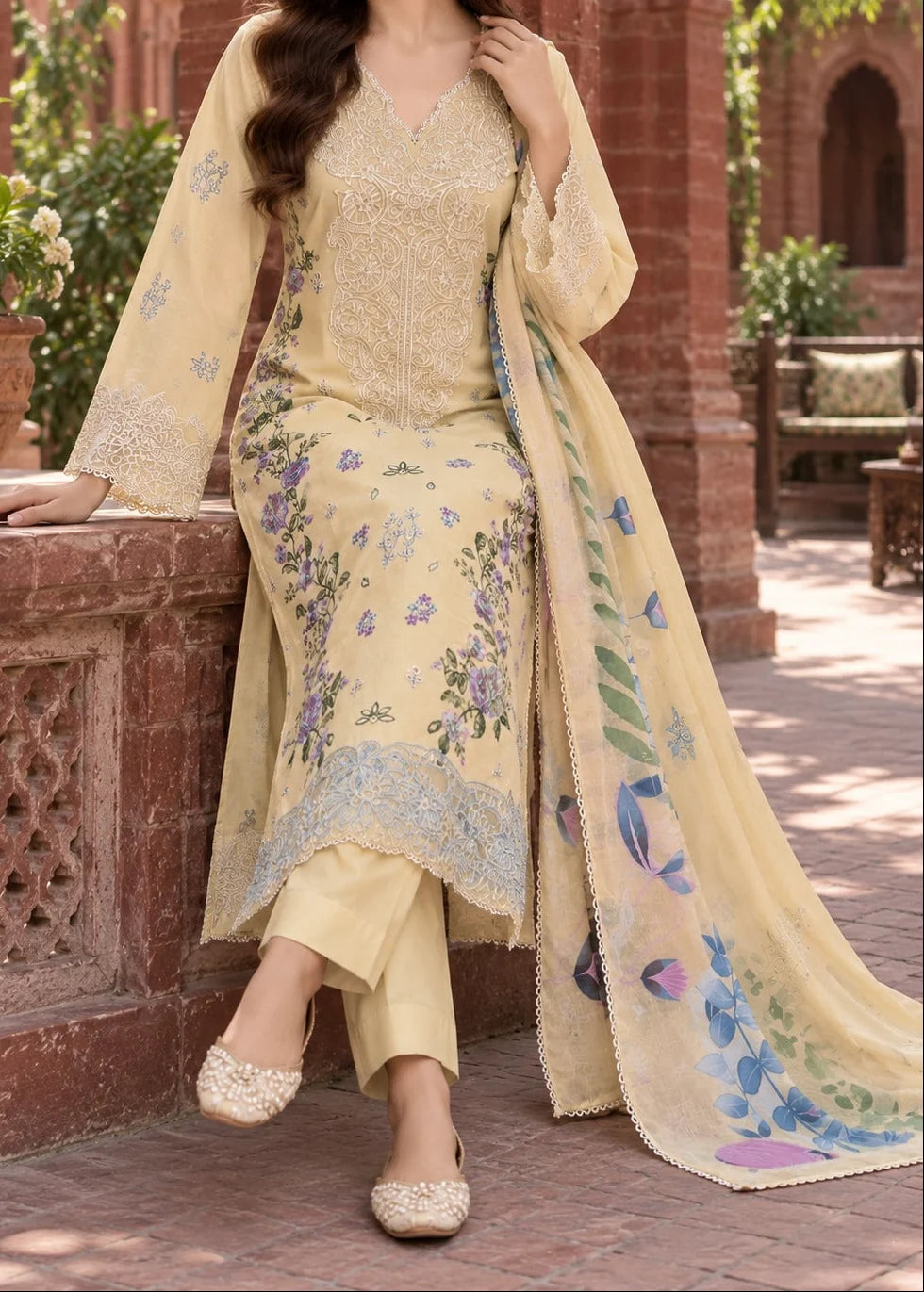 Grace Z-(S1624) - Stitched Embroidered 3pc Lawn Dress With Printed Polly Lawn Dupatta.