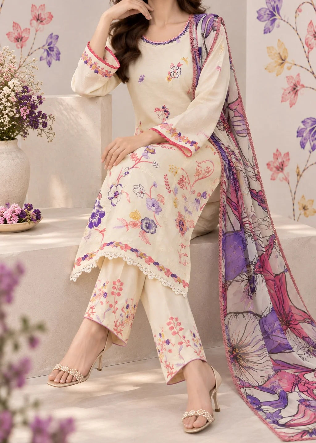 Grace Z-(S1625) - Stitched Embroidered 3pc Lawn Dress With Printed Chiffon Dupatta.