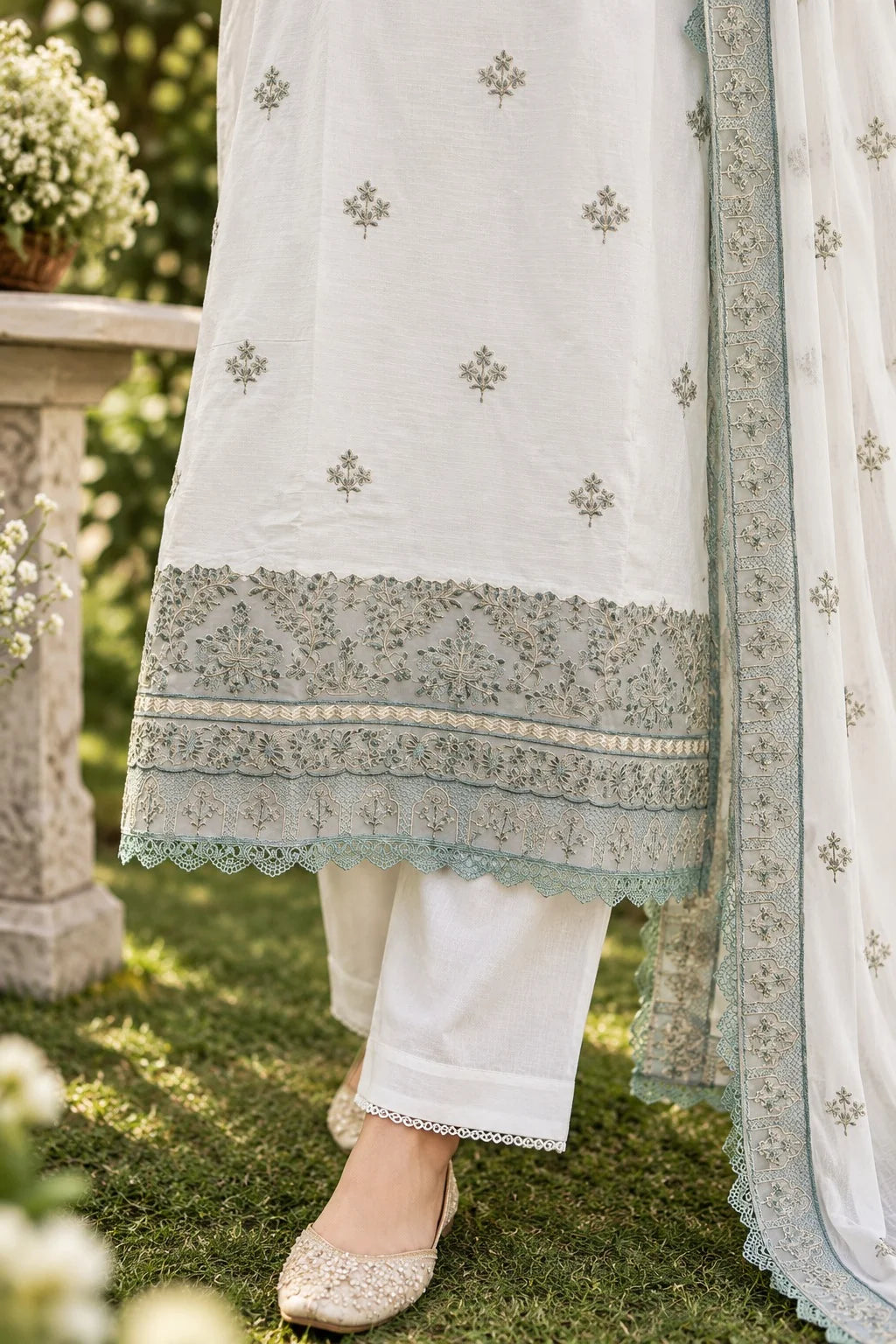 Grace Z-(S1569) - Stitched Embroidered 3pc Lawn Dress With Embroidered Chiffon Dupatta.