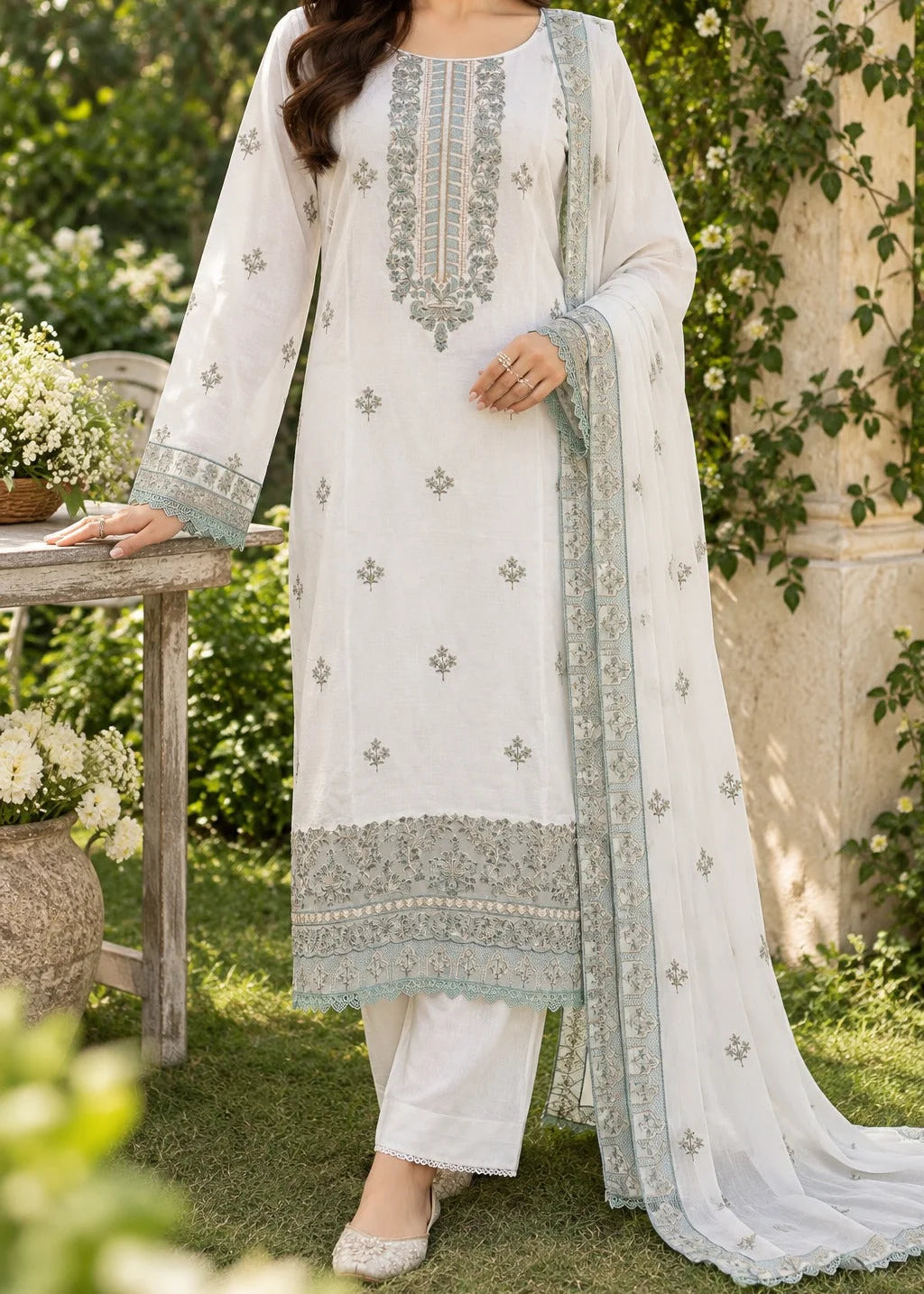 Grace Z-(S1569) - Stitched Embroidered 3pc Lawn Dress With Embroidered Chiffon Dupatta.