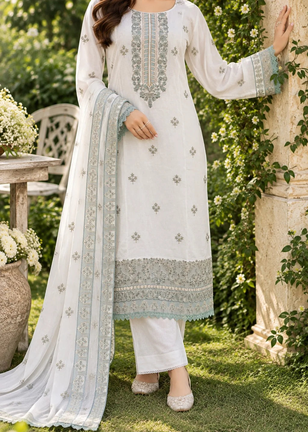 Grace Z-(S1569) - Stitched Embroidered 3pc Lawn Dress With Embroidered Chiffon Dupatta.