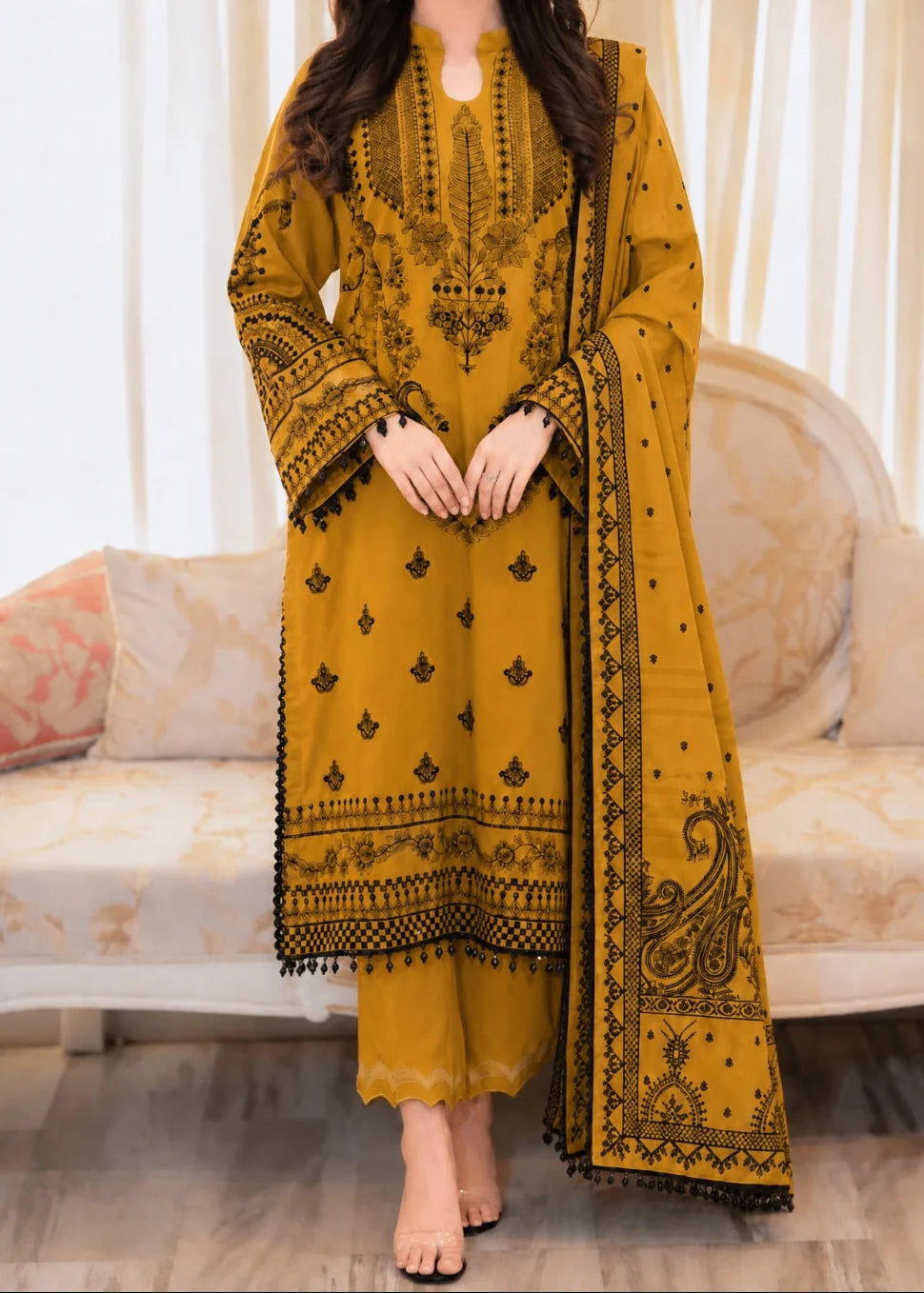 Grace Z-(W1082) - Stitched Embroidered 3pc Marina Dress With Printed Shawl.