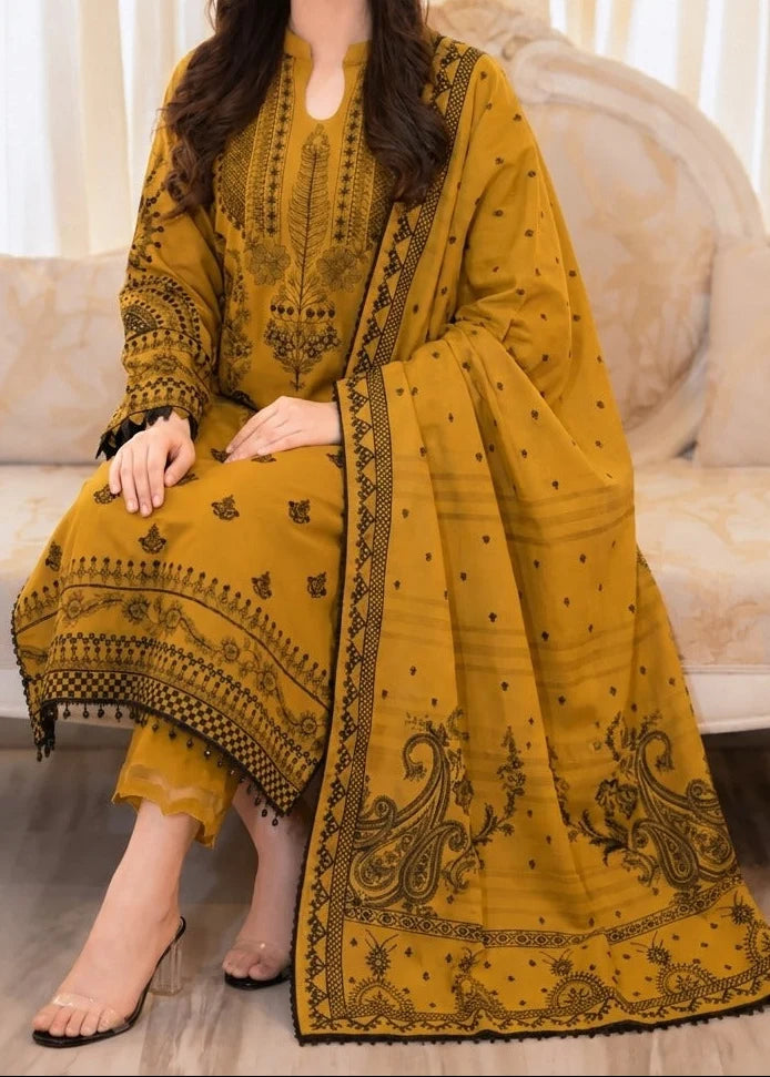 Grace Z-(W1082) - Stitched Embroidered 3pc Marina Dress With Printed Shawl.