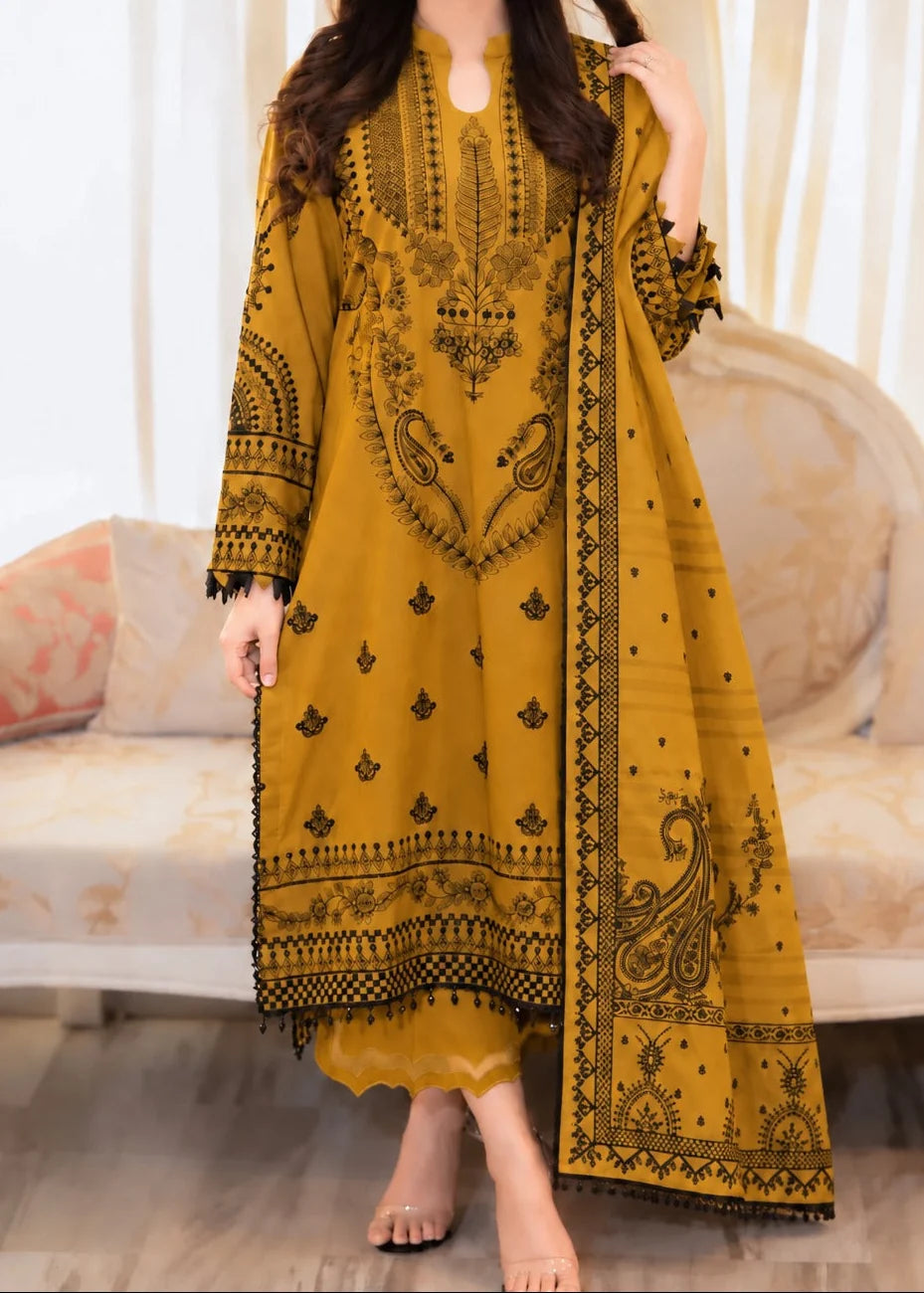 Grace Z-(W1082) - Stitched Embroidered 3pc Marina Dress With Printed Shawl.