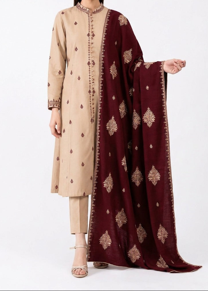 Grace W1081 - Embroidered 3pc Marina  Dress With Printed Shawl.