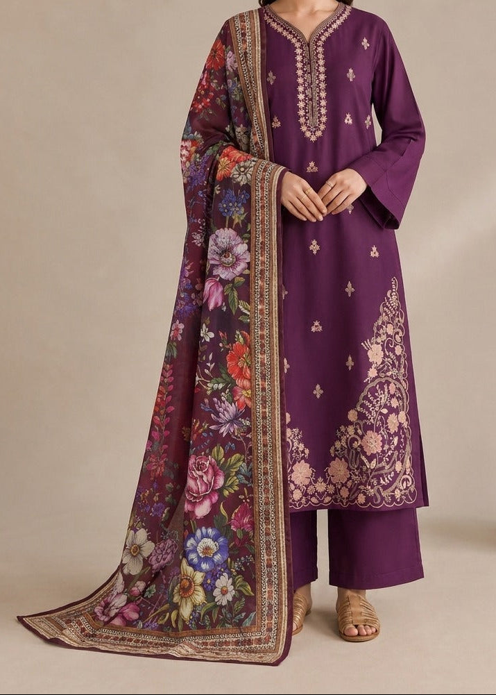Grace W1090 - Embroidered Sequence 3pc Marina Dress With Printed Shawl.