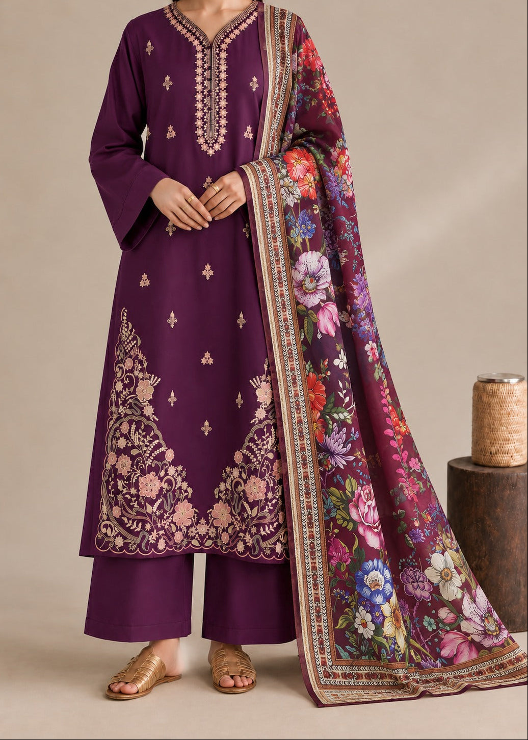 Grace W1090 - Embroidered Sequence 3pc Marina Dress With Printed Shawl.