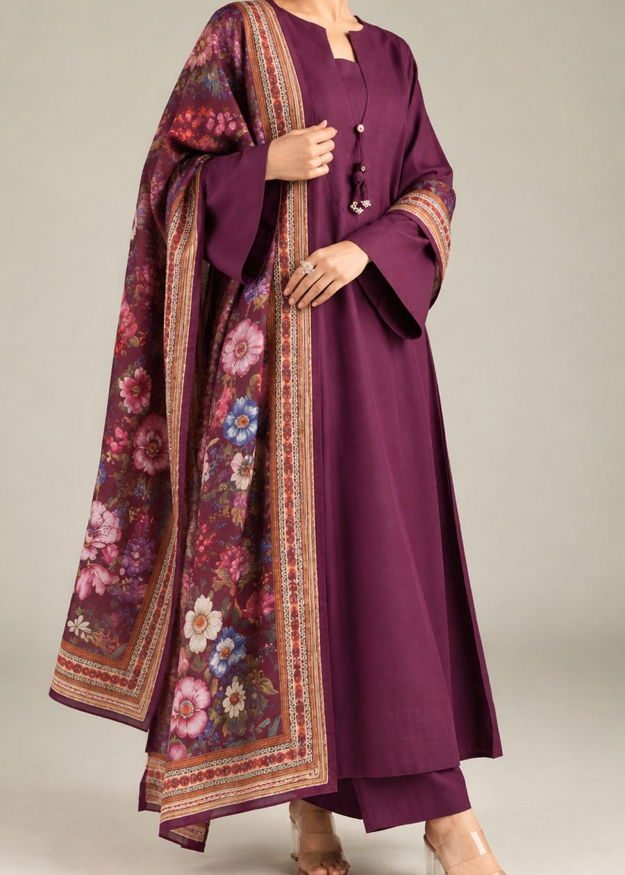 Grace W1101 - Dyed 3pc Marina Dress With Printed Polyester Shawl.