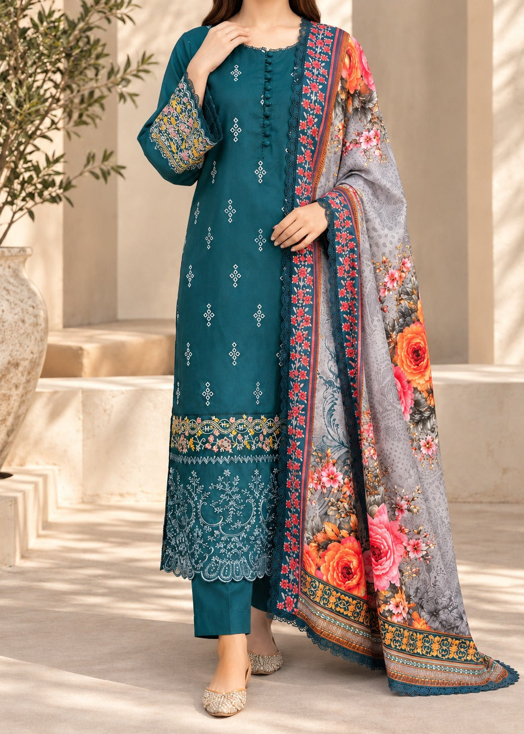Grace W1083 - Embroidered 3pc Chikankari Marina  Dress With Printed Shawl.