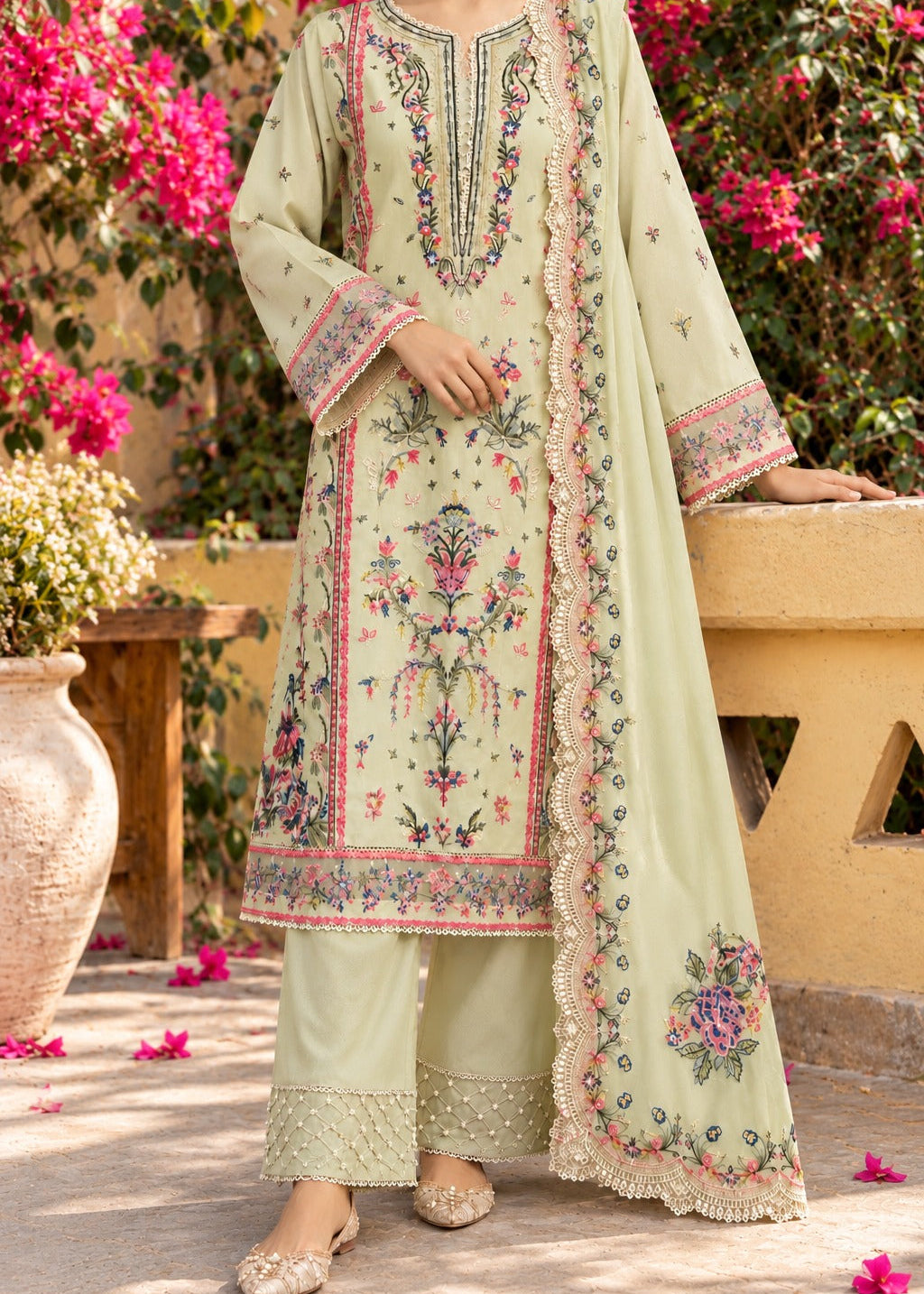 Grace W1075 - Embroidered 3pc Marina Dress With Embroidered Chiffon Dupatta.