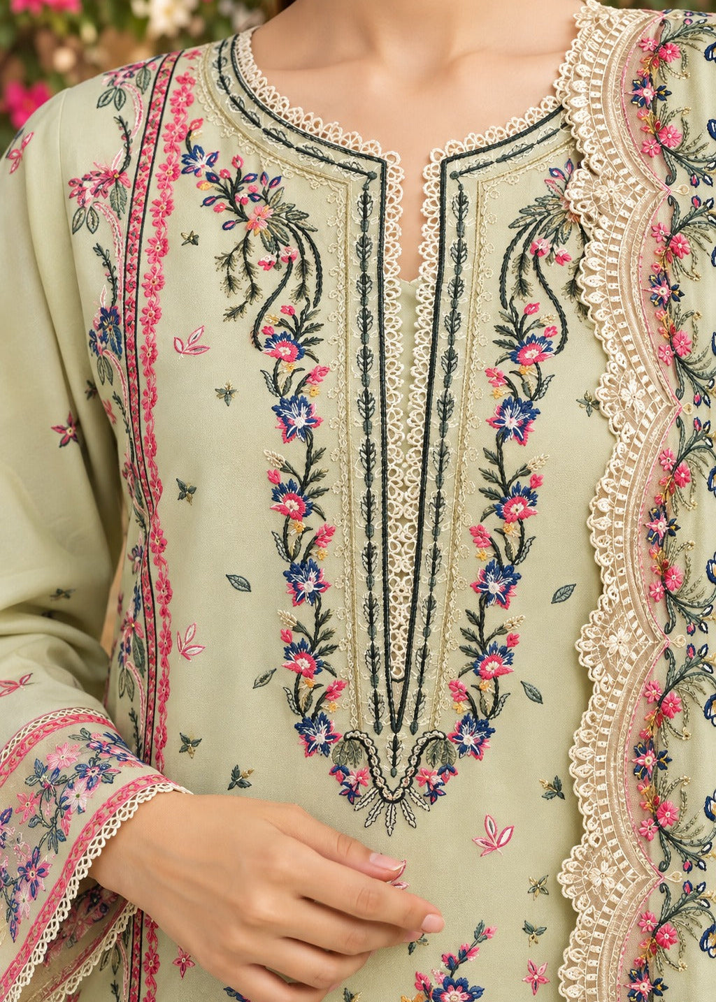 Grace W1075 - Embroidered 3pc Marina Dress With Embroidered Chiffon Dupatta.