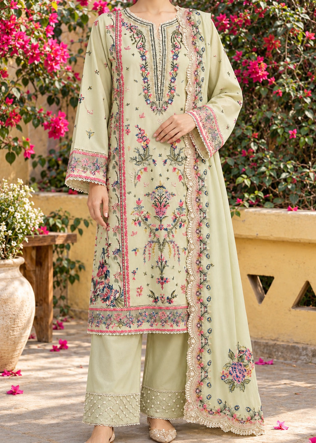 Grace W1075 - Embroidered 3pc Marina Dress With Embroidered Chiffon Dupatta.