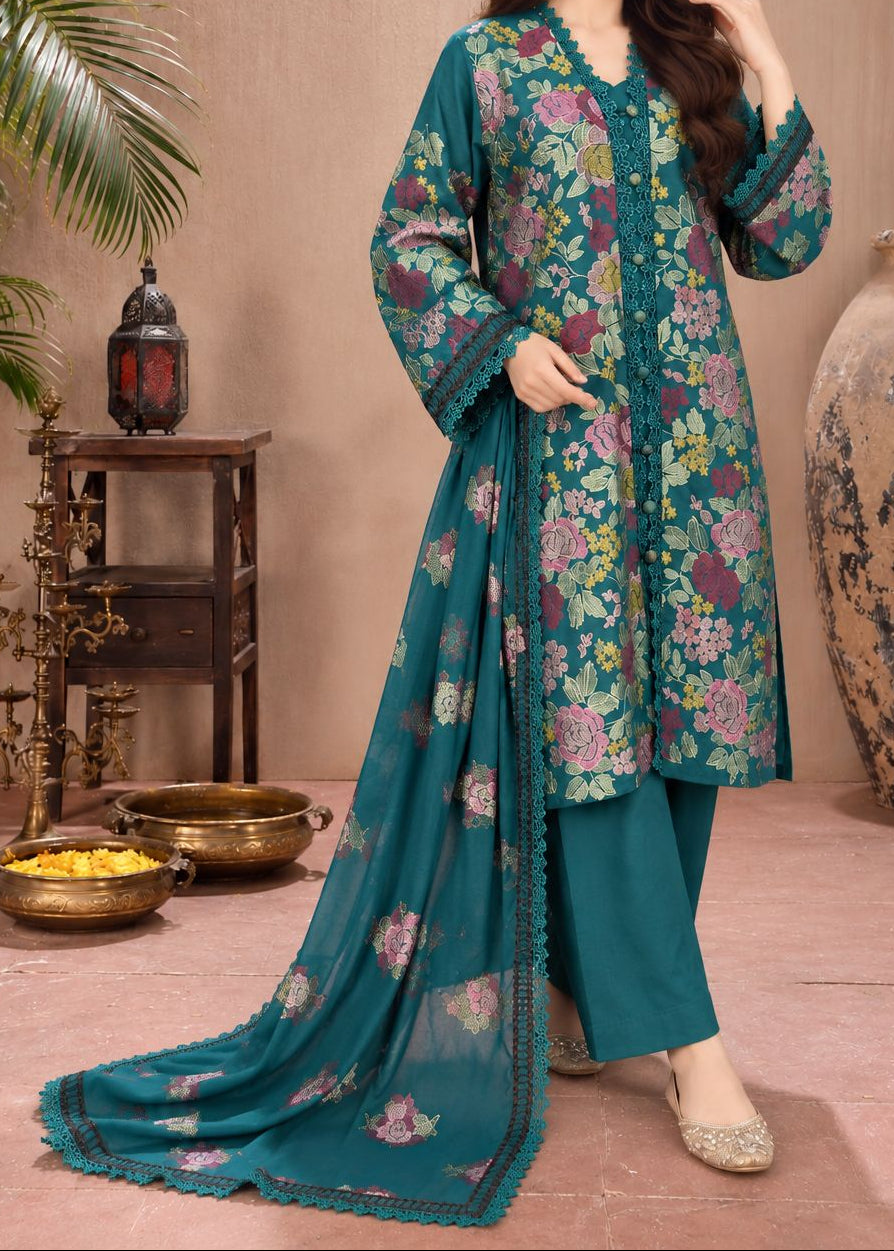 Grace W1122 - Embroidered 3pc Marina Dress With Embroidered Chiffon Dupatta.