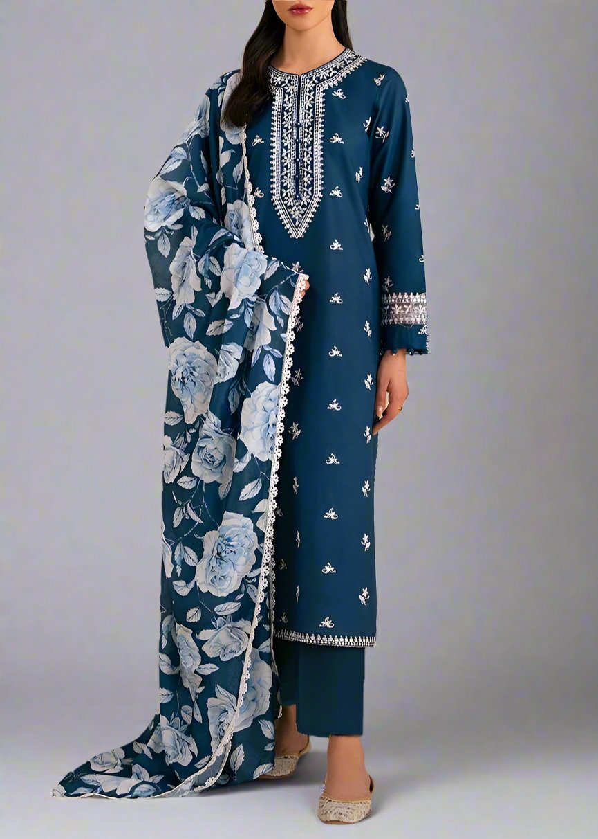 Grace W560-Embroidered 3pc marina dress with Printed shawl.