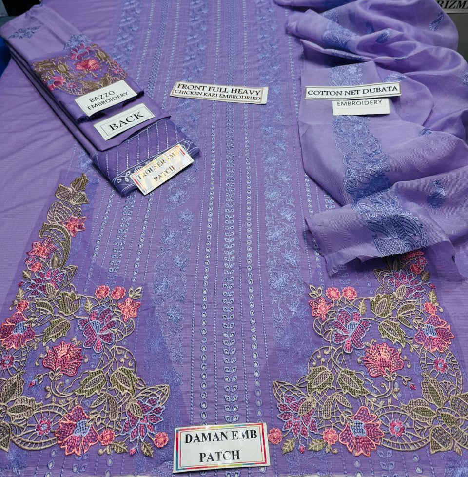 Grace S1092-Embroidered 3pc CHIKANKARI Lawn dress with Embroidered Net Dupatta.