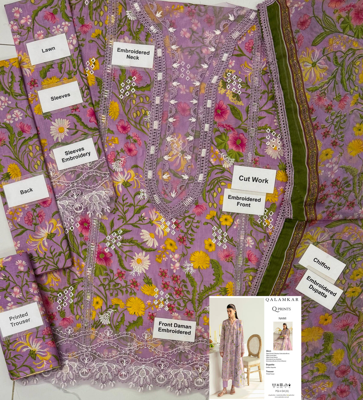 Grace S1134-Embroidered 3pc CHIKANKARI Lawn dress with Printed Chiffon Dupatta.