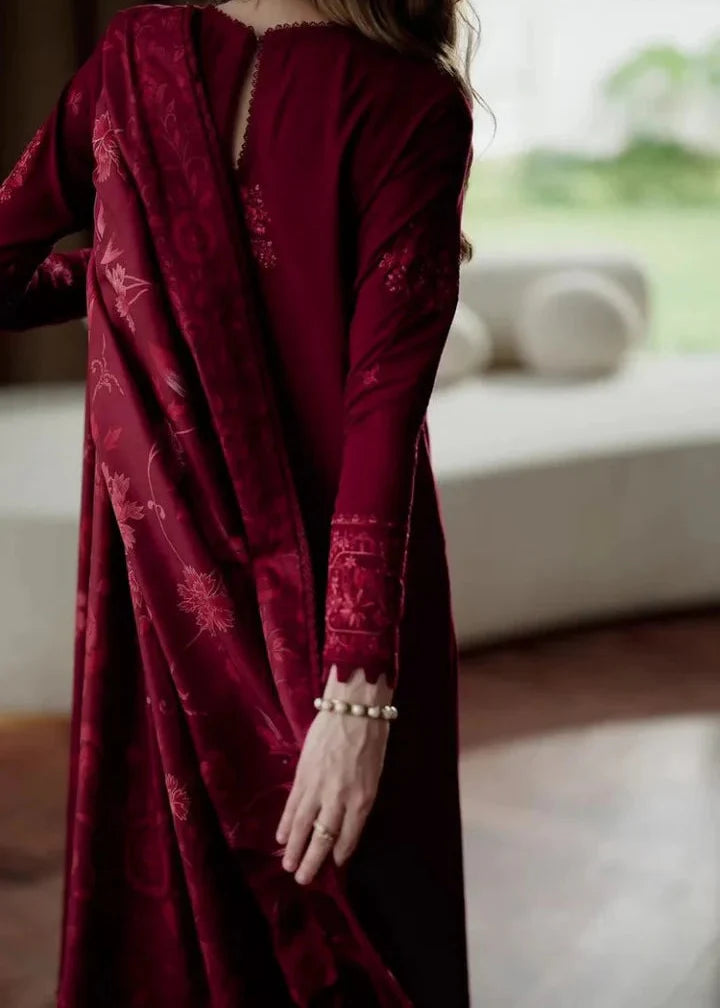 Grace Z-(W896) - Stitched Embroidered 3pc Marina Dress With Printed Shawl.