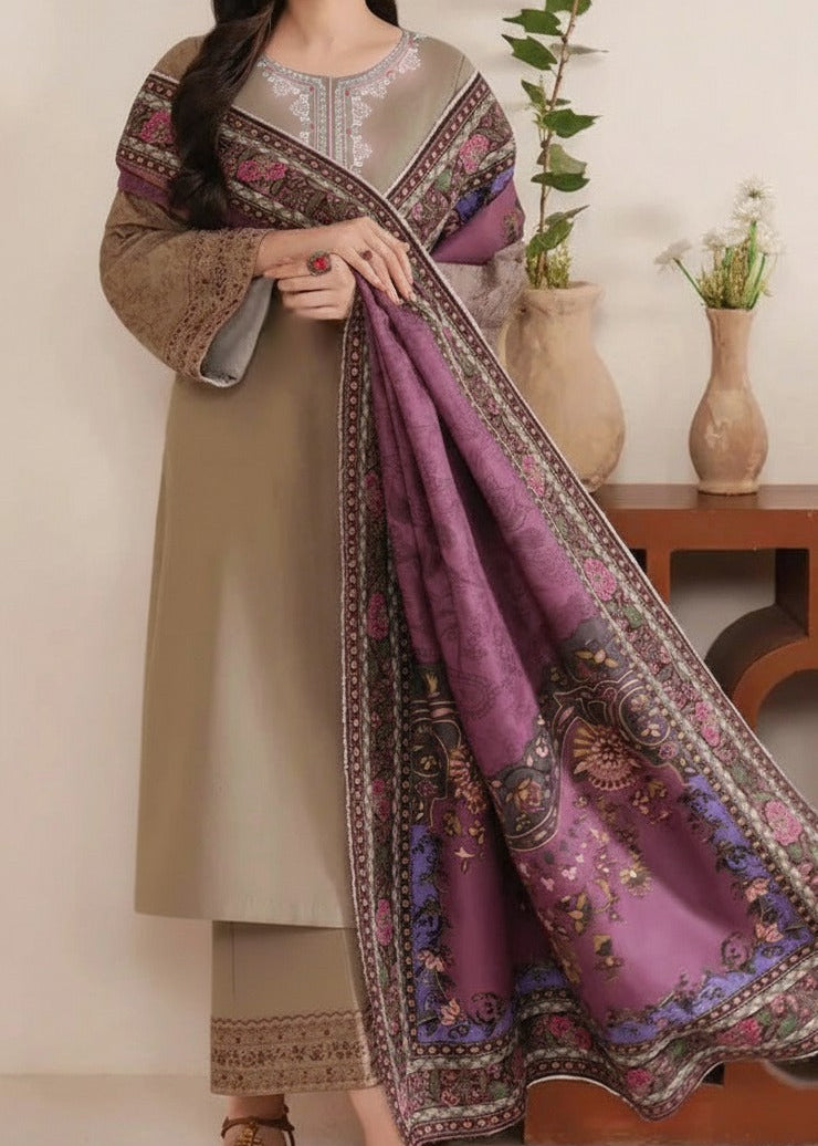 Grace W755 - Embroidered 3pc Marina Dress With Printed Shawl.