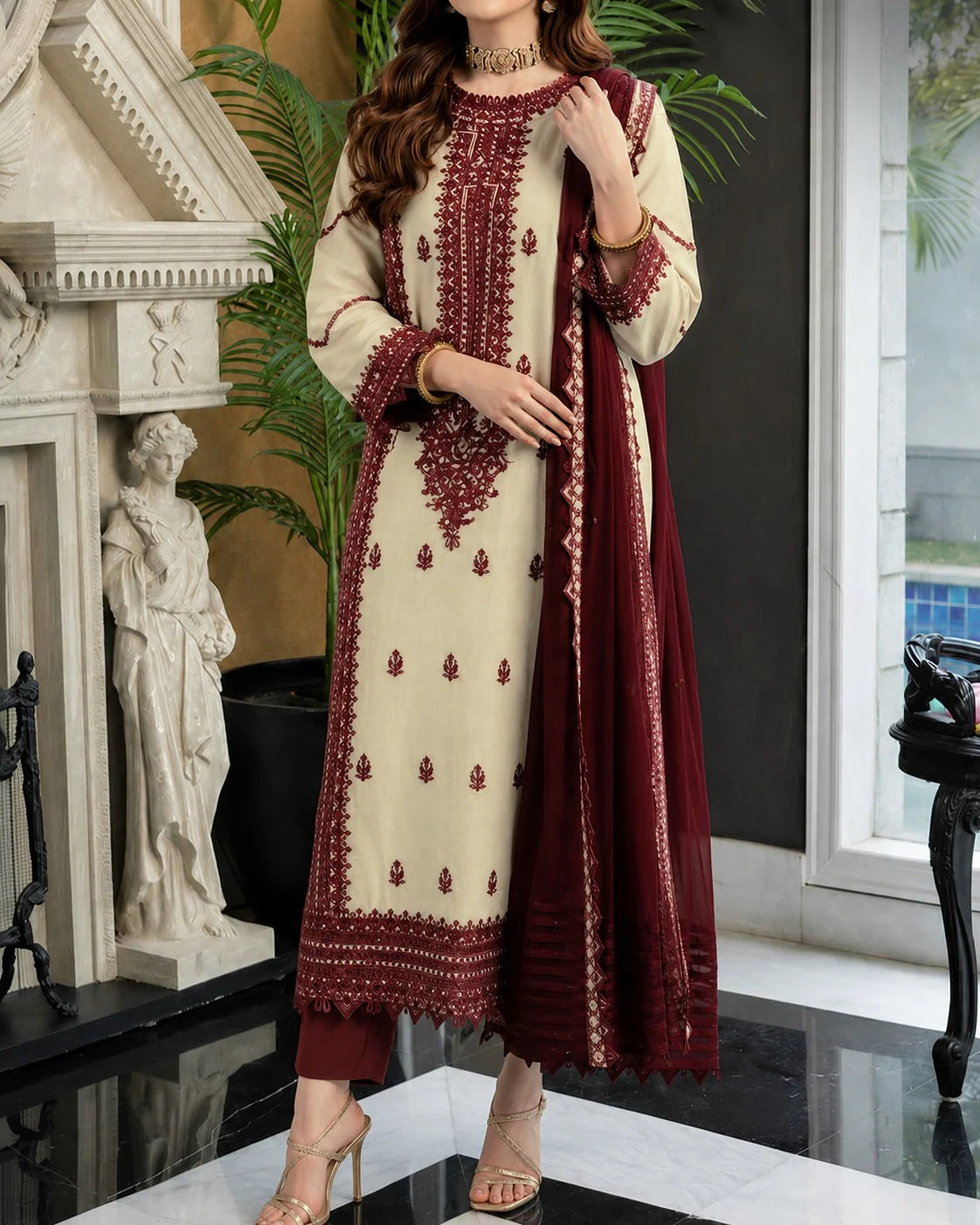 Grace Z-(S1469) - Stitched Embroidered 3PC Lawn dress with Embroidered chiffon dupatta.