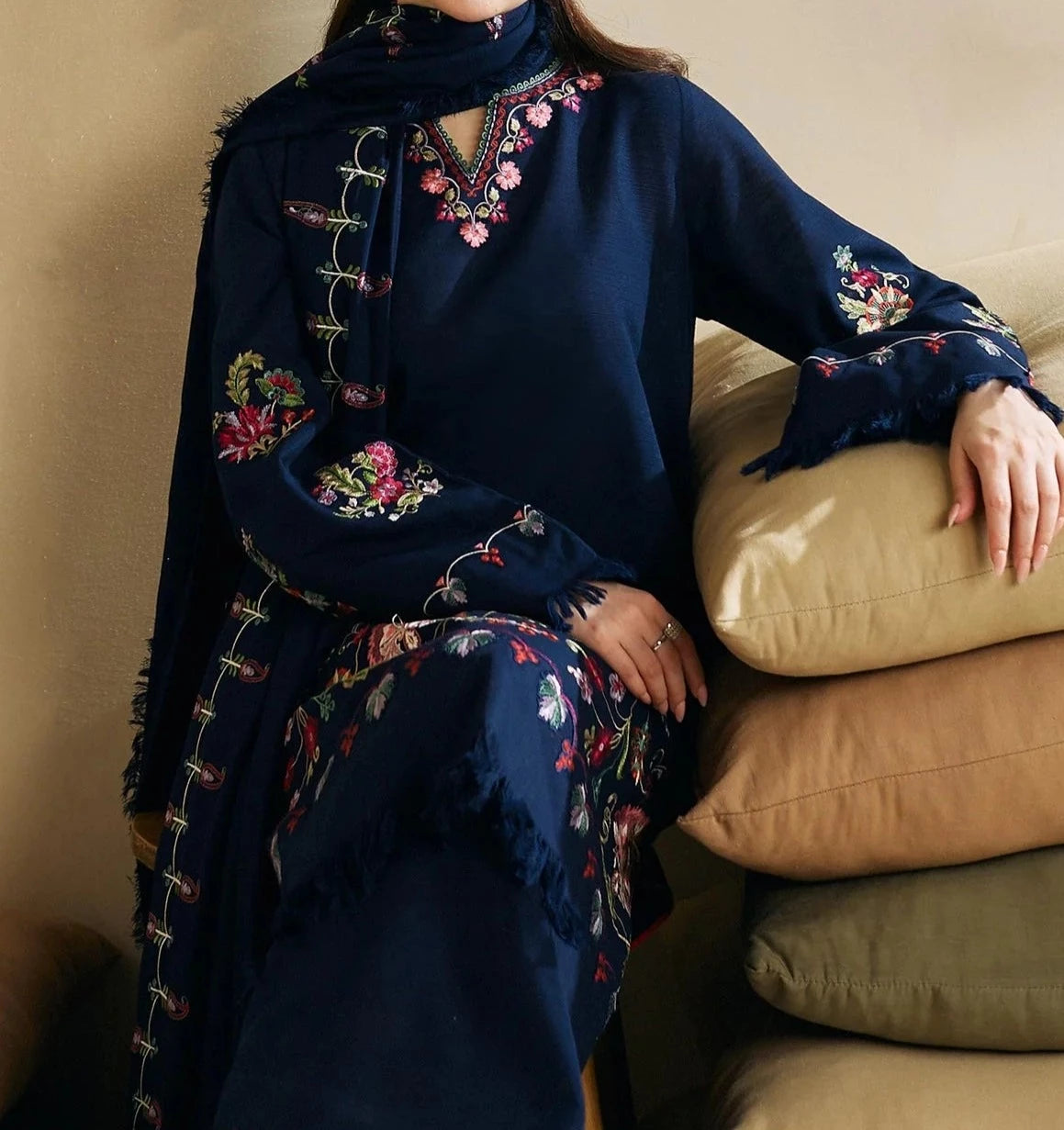 Grace W525- Embroidered 3pc marina dress with Embroidered marina Shawl.