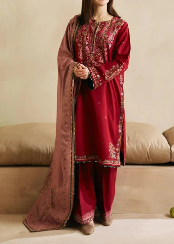 Grace W543-Embroidered 3pc marina dress with Printed shawl.