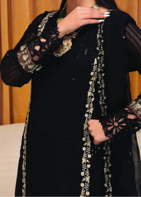 COLD BLACK– Embroidered Chiffon Unstitched 3Pc Suit.