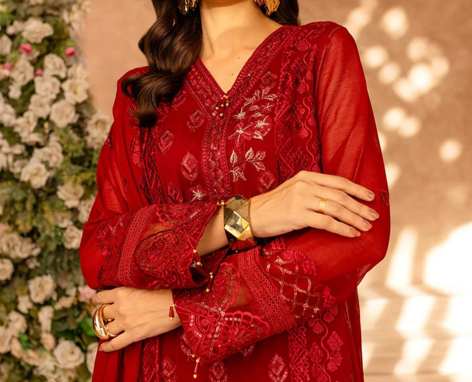 WINE SCARLET– Embroidered Chiffon Unstitched 3Pc Suit.