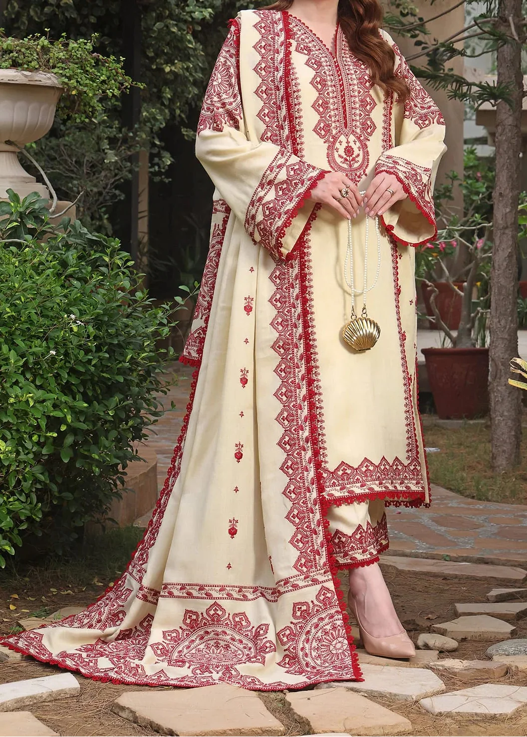 Grace Z-(W773 ) - Stitched Embroidered 3pc Marina Dress With Embroidered Marina Shawl.