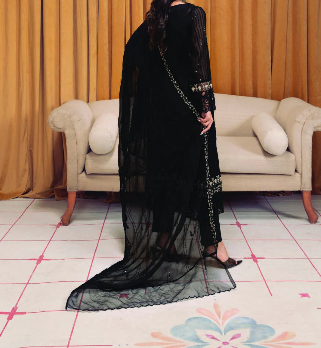 Grace Z-(COLD BLACK) -Stitched Embroidered chiffon 3Pc Suit