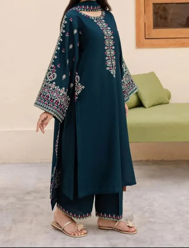 Grace Z-(W758 ) - Stitched Embroidered 3pc Marina Dress With Embroidered Chiffon Dupatta.